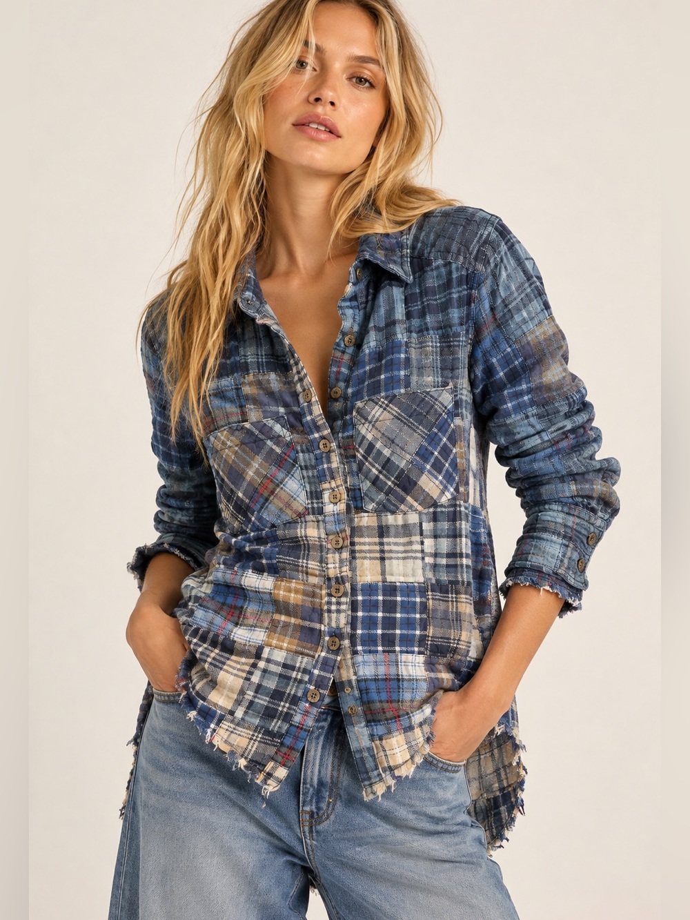 Free People Patchwork Plaid Flannel Shirt XS Blue Distressed Frayed Hem